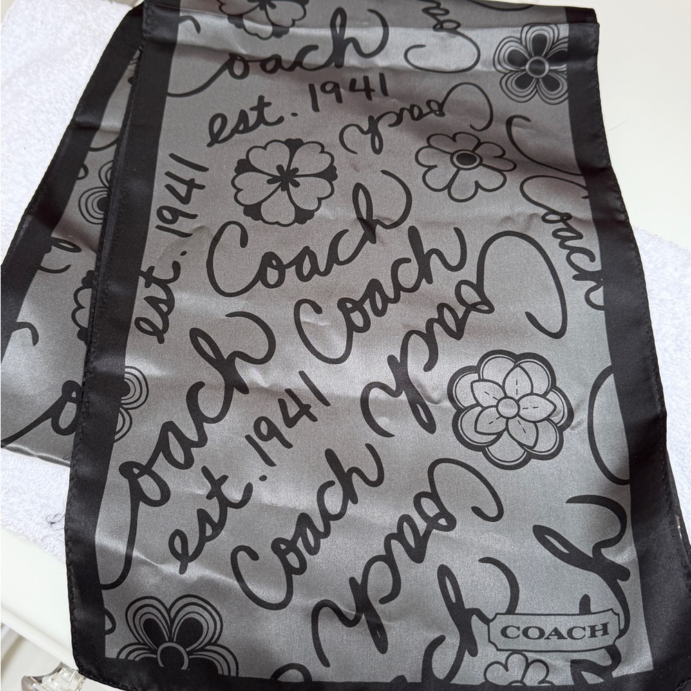 Coach Gray and Black Floral Script Silk Scarf
